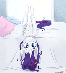 Size: 2000x2200 | Tagged: safe, artist:silbersternenlicht, rarity, pony, g4, bed, blushing, female, high res, solo, upside down