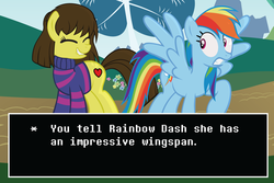 Size: 1024x684 | Tagged: safe, artist:radiantrealm, rainbow dash, earth pony, pegasus, pony, g4, crossover, crossover shipping, duo, female, flirting, frisk, grin, gritted teeth, lip bite, mare, ponified, shipping, show accurate, smiling, spread wings, teeth, undertale, wingboner, wings