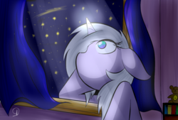 Size: 1600x1080 | Tagged: safe, artist:phuocthiencreation, oc, oc only, pony, unicorn, bust, crepuscular rays, curtains, female, floppy ears, glowing horn, hoof on cheek, horn, leaning forward, looking up, mare, night, night sky, sky, solo, starry night, window