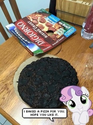 Size: 446x600 | Tagged: safe, sweetie belle, pony, unicorn, g4, baked bads, bread, burnt, charred, cute, diasweetes, digiorno, epic fail, fail, female, filly, foal, food, irl, photo, pizza, ponies in real life, solo, sweetie belle can't cook, sweetie fail, toast, vector, you had one job