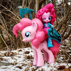 Size: 1280x1281 | Tagged: safe, artist:pixelkitties, pinkie pie, earth pony, human, pony, equestria girls, g4, axe, clothes, death dealer, doll, equestria girls minis, eqventures of the minis, frank frazetta, human ponidox, humans riding ponies, irl, photo, riding, self ponidox, self riding, shield, skirt, square crossover, toy