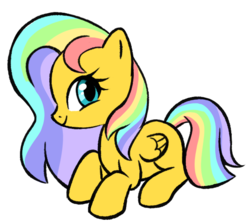 Size: 628x559 | Tagged: safe, artist:kaji-tanii, oc, oc only, oc:rainbow glow, pegasus, pony, commissioner:coreypeters163, female, filly, foal, folded wings, lying down, multicolored hair, offspring, parent:fluttershy, parent:oc:lightning bolt, parents:canon x oc, parents:flutterbolt, prone, rainbow hair, simple background, solo, transparent background, wings