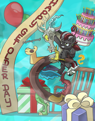 Size: 4231x5422 | Tagged: safe, artist:estories, discord, oc, oc:squeaky pitch, g4, absurd resolution, angry, balloon, birthday, birthday cake, cake, food, present, rocking chair