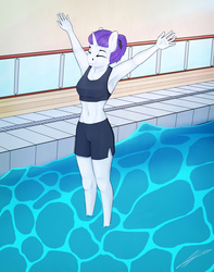 Size: 2363x3000 | Tagged: safe, artist:limchph2, rarity, anthro, g4, abs, armpits, belly button, clothes, female, high res, midriff, solo, sports bra, swimming pool, swimsuit