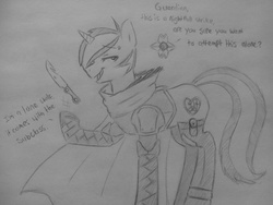 Size: 2560x1920 | Tagged: safe, artist:subimaru_kai, oc, oc only, oc:snowy, ghost, armor, cloak, clothes, destiny (video game), hunter, knife, male, monochrome, solo, stallion, traditional art
