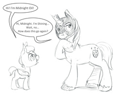 Size: 1280x986 | Tagged: safe, artist:silfoe, shining armor, oc, bat pony, pony, royal sketchbook, g4, batdad, dialogue, glasses, grayscale, mask, monochrome, raised hoof