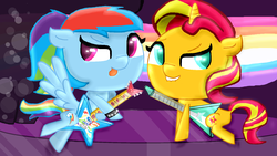 Size: 1920x1080 | Tagged: safe, artist:faic dashie, rainbow dash, sunset shimmer, pony, equestria girls, friendship through the ages, g4, bracelet, cute, dashabetes, electric guitar, flying v, guitar, lip bite, musical instrument, ponytail, shimmerbetes, stage, sunset shredder, sunsetdash, tongue out