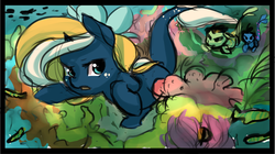 Size: 1652x928 | Tagged: safe, artist:starshinebeast, oc, oc only, oc:tidal charm, aquapony, chase, coral, coral reef, determined, female, filly, foal, pirate, retreating, seaunicorn, underwater