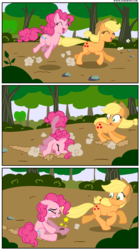 Size: 775x1385 | Tagged: safe, artist:david vargas, edit, applejack, pinkie pie, alicorn, earth pony, pony, g4, abuse, accident, cropped, crying, female, injured, mare, pain star, pinkiebuse, running, tripping