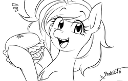 Size: 751x479 | Tagged: dead source, safe, artist:うめぐる, pinkie pie, earth pony, pony, g4, alternate hairstyle, burger, cute, diapinkes, female, food, looking at you, monochrome, open mouth, smiling, solo