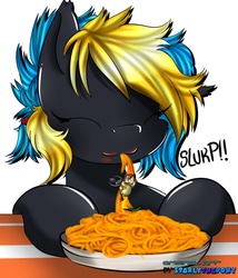 Size: 1097x1280 | Tagged: safe, artist:starlythepony, oc, oc only, oc:midnight eclipse, oc:starly, pony, unicorn, eating, eyes closed, female, fetish, food, imminent vore, micro, pasta, person as food, ponies in food, size difference, spaghetti