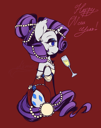 Size: 770x974 | Tagged: safe, artist:ahimay, rarity, pony, unicorn, g4, 2016, alcohol, champagne, clothes, dress, female, hair bun, jewelry, makeup, new year, solo, wine