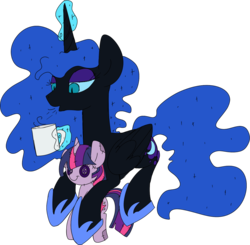 Size: 1131x1108 | Tagged: safe, artist:taaffeiite, nightmare moon, twilight sparkle, alicorn, pony, g4, coffee mug, ethereal mane, female, implied twimoon, magic, mare, mug, simple background, solo, telekinesis, transparent background, twilight sparkle plushie