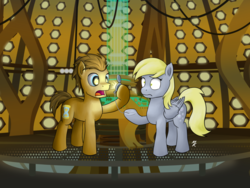 Size: 1280x960 | Tagged: safe, artist:mkogwheel, derpy hooves, doctor whooves, time turner, pegasus, pony, g4, doctor who, eye reflection, female, fob watch, mare, tardis, tardis console room, tardis control room, the doctor
