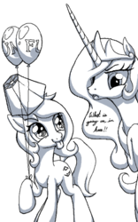 Size: 313x502 | Tagged: safe, artist:stoic5, princess celestia, oc, oc:dizzy cream, g4, balloon, flockmod, grayscale, monochrome, reaction image, simple background, white background