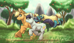 Size: 1024x597 | Tagged: safe, artist:inuhoshi-to-darkpen, applejack, coloratura, g4, the mane attraction, apple tree, fluffy, rara, tree, unshorn fetlocks