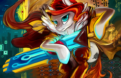 Size: 2550x1650 | Tagged: safe, artist:halley-valentine, clothes, crossover, explicit source, ponified, red (transistor), socks, supergiant games, thigh highs, transistor, video game