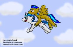 Size: 2640x1710 | Tagged: safe, artist:jrapcdaikari, oc, oc only, oc:sandstorm, oc:supersaw, pegasus, pony, unicorn, carrying, cute, flying, gay, male