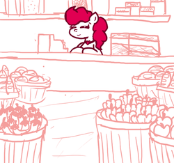Size: 640x600 | Tagged: safe, artist:ficficponyfic, oc, oc only, earth pony, pony, colt quest, apple, bread, cash register, counter, female, floor, food, heart, lettuce, mare, necklace, pepper, pickles, shelf, shop, store, story included