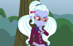 Size: 1600x1000 | Tagged: safe, artist:bootsyslickmane, sugarcoat, fanfic:the shadowbolts adventures, equestria girls, g4, my little pony equestria girls: friendship games, bush, clothes, crystal prep academy uniform, easter egg, fanfic, fanfic art, female, glasses, outdoors, school uniform, sitting, solo, thinking, tree
