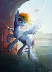 Size: 3600x5000 | Tagged: dead source, safe, artist:vitaj, rainbow dash, pegasus, pony, g4, city, female, flying, looking at you, solo, street, underpass