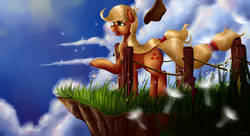 Size: 3200x1740 | Tagged: safe, artist:saddnesspony, applejack, g4, cliff, cloud, dandelion, female, hat, solo, wind, windswept mane