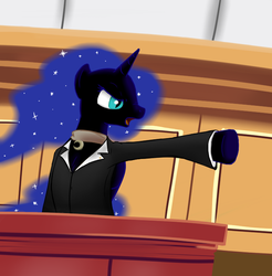 Size: 670x681 | Tagged: safe, artist:theparagon, oc, oc only, oc:nyx, alicorn, pony, ace attorney, alicorn oc, mia fey, nightmare nyx, objection, pun, solo, visual pun