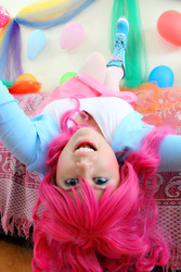 Size: 1066x1600 | Tagged: safe, artist:robinyume, pinkie pie, human, g4, balloon, clothes, cosplay, costume, irl, irl human, photo, solo, upside down