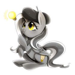 Size: 900x900 | Tagged: safe, artist:renciel, oc, oc only, oc:slashy, pegasus, pony, beret, hat, idea, lightbulb, simple background, solo, transparent background