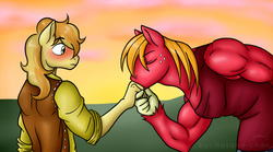 Size: 1200x667 | Tagged: safe, artist:hasana-chan, big macintosh, braeburn, earth pony, anthro, g4, applecest, blushing, clothes, couple, gay, hand kiss, incest, kissing, male, muscles, ship:braemac, shipping