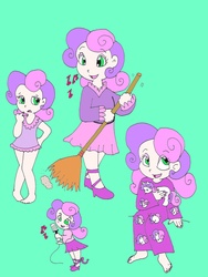 Size: 2544x3392 | Tagged: safe, artist:asmodeodesinan, sweetie belle, human, g4, blushing, broom, clothes, female, high heels, high res, humanized, pajamas, plushie, shoes, simple background, singing, skirt, solo, swimsuit