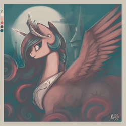 Size: 3000x3000 | Tagged: safe, artist:rain-gear, princess celestia, alicorn, pony, g4, beautiful, castle, color palette challenge, crown, cutie mark, ethereal mane, ethereal tail, female, flowing mane, flowing tail, full moon, high res, jewelry, limited palette, looking at you, mare, moon, multicolored mane, multicolored tail, night, regalia, royalty, smiling, solo, spread wings, tiara