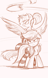 Size: 2500x4000 | Tagged: safe, artist:ncmares, applejack, twilight sparkle, alicorn, pony, g4, ask, big-apple-pony, clothes, female, frown, mare, monochrome, pillow, pillow fight, serious face, sketch, socks, striped socks, tumblr, twilight sparkle (alicorn)