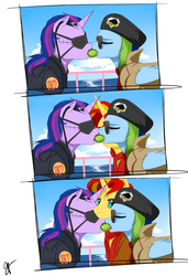 Size: 1024x1498 | Tagged: safe, artist:supermare, rainbow dash, sunset shimmer, twilight sparkle, g4, behaving like a dog, crossover, metal gear, metal gear solid, parody, ponified animal photo, ponified animal video, tennis ball