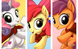 Size: 2560x1600 | Tagged: safe, artist:mysticalpha, apple bloom, scootaloo, sweetie belle, earth pony, pony, g4, cmc cape, cutie mark crusaders, looking at you, open mouth, underhoof