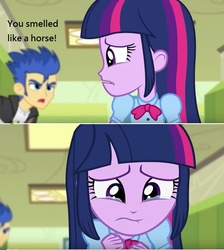 Size: 760x848 | Tagged: safe, edit, edited screencap, screencap, flash sentry, twilight sparkle, equestria girls, g4, my little pony equestria girls: rainbow rocks, abuse, background pony strikes again, bully, bullying, crying, frown, glare, lip bite, op is a duck, op is trying to start shit, sad, twilybuse