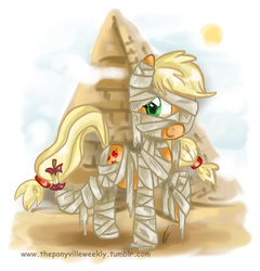 Size: 698x727 | Tagged: safe, artist:vago-xd, part of a set, applejack, earth pony, pony, g4, apple, clothes, costume, female, food, mummy, nightmare night, pyramid, solo