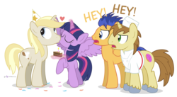 Size: 1170x640 | Tagged: safe, artist:dm29, donut joe, flash sentry, twilight sparkle, oc, oc:colin nary, alicorn, pegasus, pony, unicorn, g4, birthday, female, kissing, mare, simple background, transparent background, twilight sparkle (alicorn)