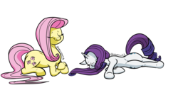 Size: 1920x1080 | Tagged: safe, artist:megamanhxh, fluttershy, rarity, g4, cute, lying down, on side, prone, simple background, sleeping