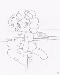 Size: 645x800 | Tagged: safe, artist:dfectivedvice, pinkie pie, g4, alcohol, drink, female, food, grayscale, monochrome, solo, whistling