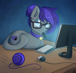 Size: 3000x2895 | Tagged: safe, artist:askbubblelee, oc, oc only, oc:cat pony, cat pony, original species, bell, bell collar, collar, computer, computer mouse, cute, digital art, drawing, ear fluff, fluffy, glasses, hair bun, high res, monitor, ponyloaf, ponysona, pun, solo, table, tablet, tablet drawing, visual pun, yarn ball