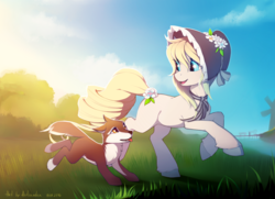Size: 1500x1087 | Tagged: safe, artist:antiander, oc, oc only, oc:flower maiden, dog, earth pony, pony, bonnet, bridge, bush, cloud, cottagecore, day, duo, duo female, female, flower, grass, looking at each other, looking at someone, mare, running, sky, sunlight, water, windmill