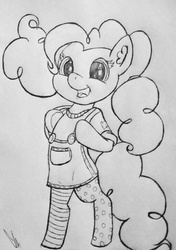 Size: 512x728 | Tagged: safe, artist:gingerthefox, pinkie pie, earth pony, pony, g4, bipedal, clothes, female, monochrome, pippi longstocking, solo