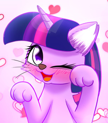 Size: 1200x1364 | Tagged: safe, artist:phoenixperegrine, twilight sparkle, cat, g4, :3, blushing, cute, female, open mouth, paws, solo, species swap, twiabetes, twilight cat, wink