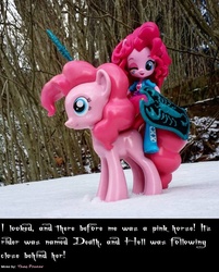 Size: 771x960 | Tagged: safe, artist:pixelkitties, edit, pinkie pie, human, equestria girls, g4, axe, bible, book of revelation, clothes, death dealer, dialogue, doll, equestria girls minis, eqventures of the minis, female, four horsemen of the apocalypse, horseman of death, human ponidox, humans riding ponies, image macro, irl, meme, photo, riding, self riding, shield, skirt, toy