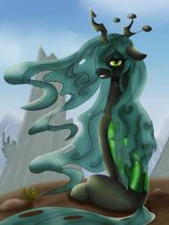 Size: 3000x4000 | Tagged: safe, artist:chapaevv, artist:drafthoof, queen chrysalis, changeling, changeling queen, g4, bedroom eyes, crown, female, jewelry, looking at you, regalia, sitting, solo