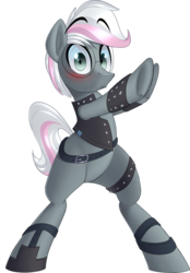 Size: 1030x1483 | Tagged: safe, artist:january3rd, oc, oc only, oc:jannie daze, pony, backup dancers, belt, bipedal, blushing, bracelet, clothes, frown, glasses, jacket, jewelry, leather, leather jacket, looking at you, simple background, solo, transparent background, underhoof, wide eyes