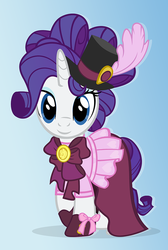 Size: 637x950 | Tagged: safe, artist:pixelkitties, rarity, g4, clothes, dress, female, hat, raised hoof, simple background, smiling, solo, victorian