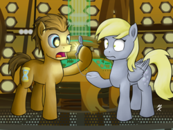 Size: 1280x960 | Tagged: safe, artist:mkogwheel, derpy hooves, doctor whooves, time turner, pegasus, pony, g4, doctor who, eye reflection, female, fob watch, mare, tardis