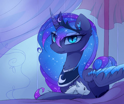 Size: 1600x1344 | Tagged: dead source, safe, artist:magnaluna, princess luna, oc, oc:zefiroth, dragon, eastern dragon, canon x oc, looking at you, plushie, prone, shipping, solo